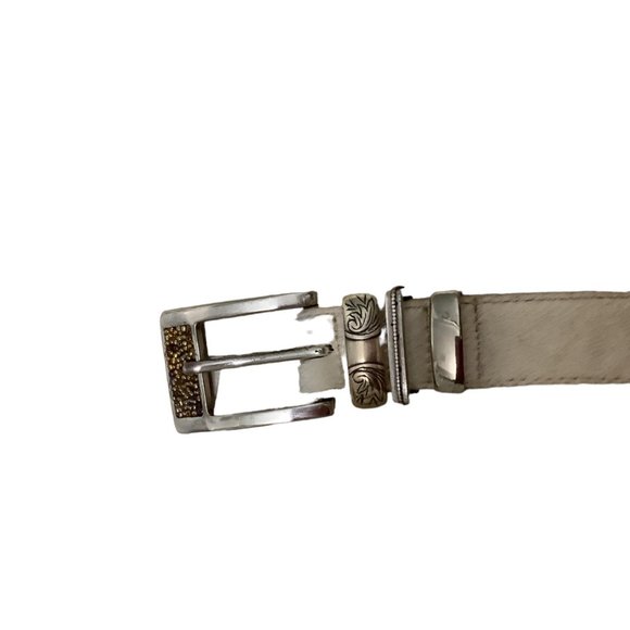 STREETS AHEAD Brown & White Leather & Calf Hair Siler Buckle Belt-Size Medium